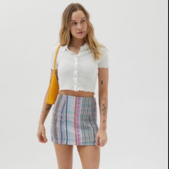 UO Linny Smocked Hook & Eye Mini Xs Blue Pink White Plaid - Picture 3 of 4